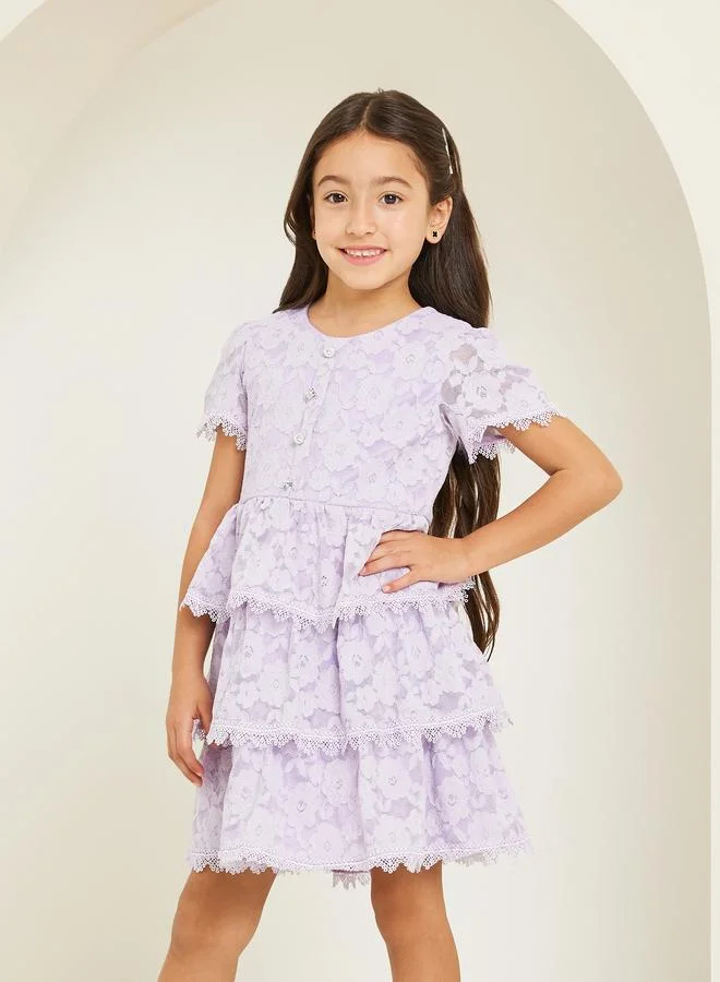 Styli Girls Lilac Tiered Lace Dress
